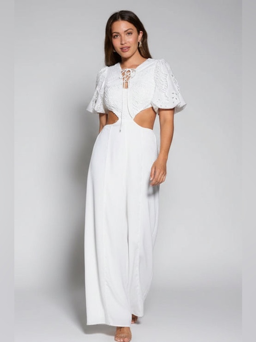LUNA LUXE EMBROIDERED WHIRE PUFF SLEEVE V-NECK CUT OUT WIDE LEG JUMPSUIT - Picture 4 of 7